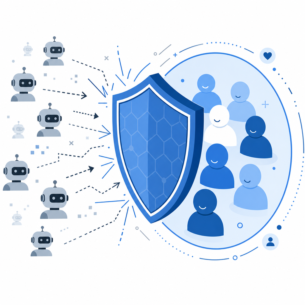 abstract concept of shield blocking multiple bot-like avatars from entering a co