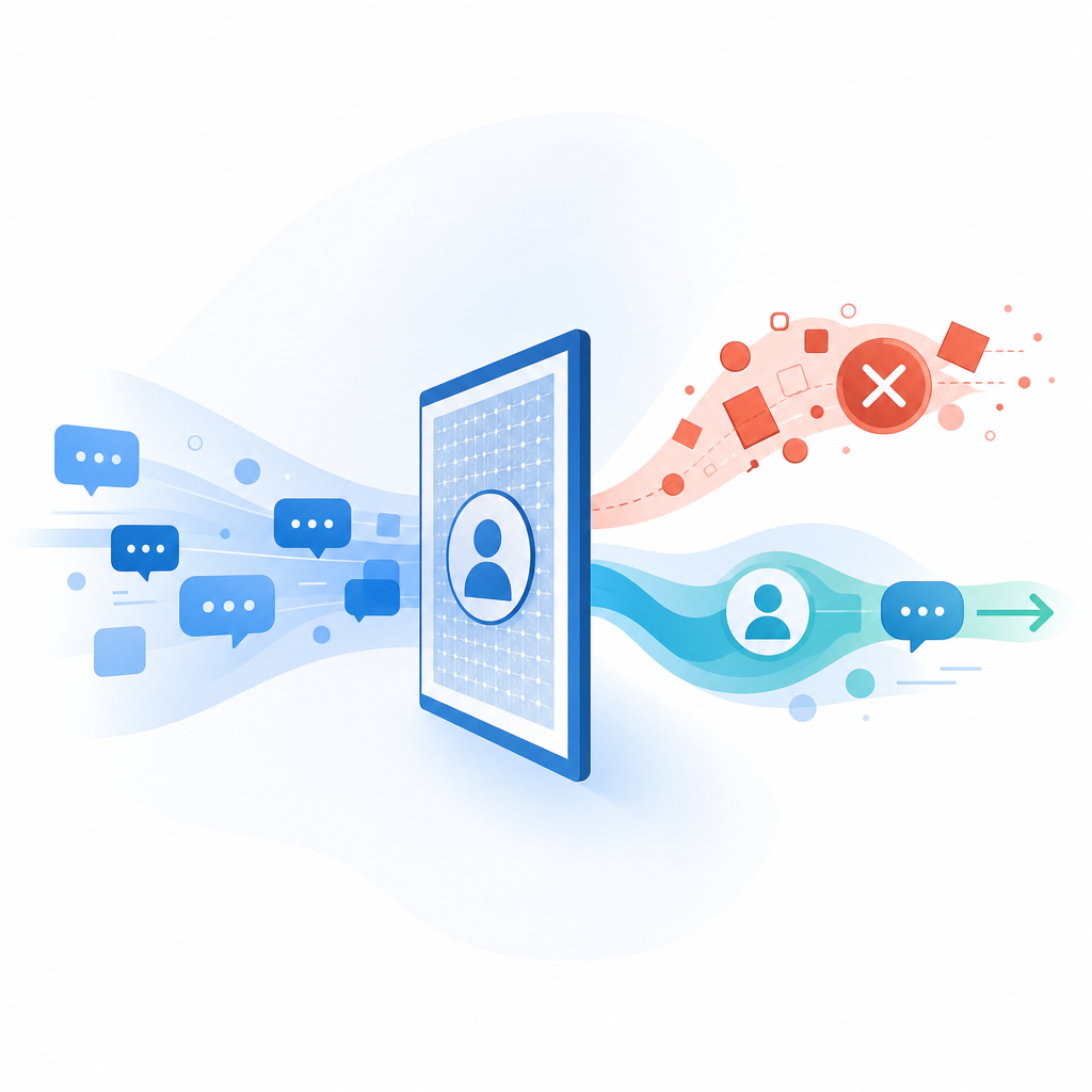 abstract flow showing user verification gating a chat action, with a blocked spa