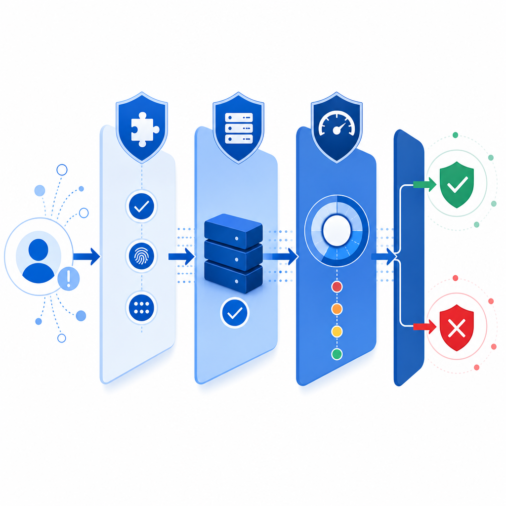 layered defense diagram with challenge, server validation, risk scoring, and fin