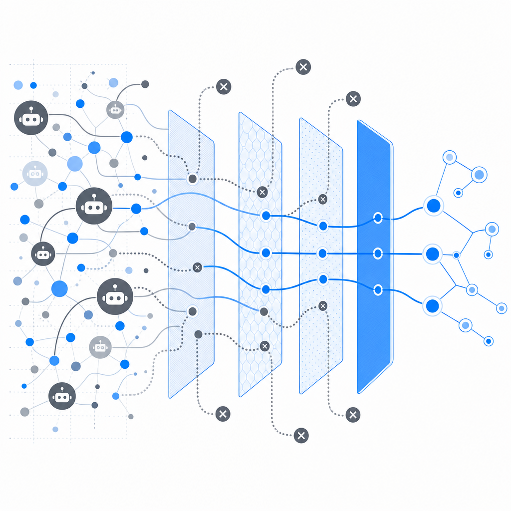 abstract network diagram showing bot filtering layers
