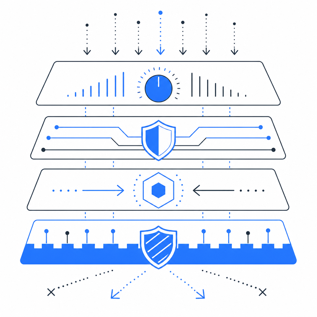abstract layered defense stack with throttle, trust, challenge, and block layers