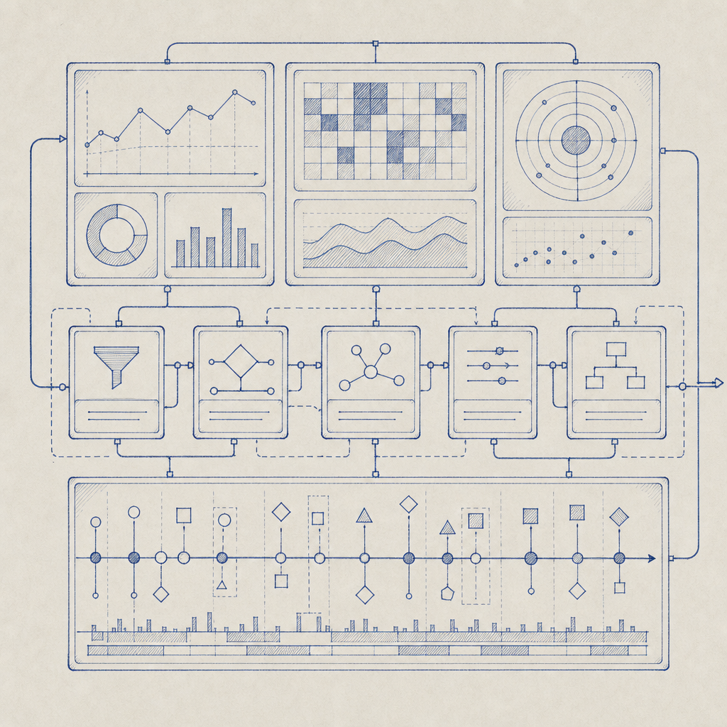 modular dashboard blocks showing metrics, rules, and event stream