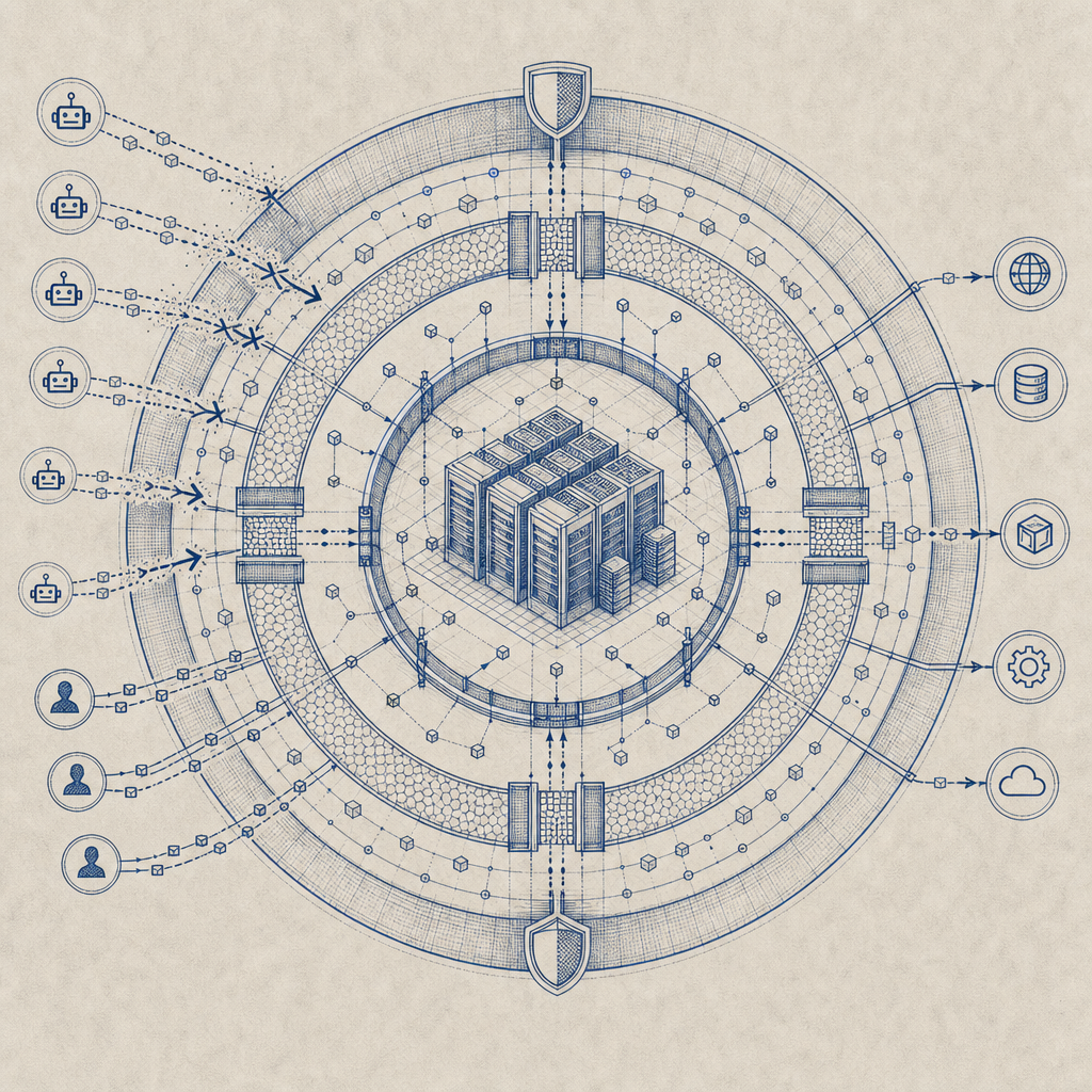 conceptual diagram showing layered bot defense targeting data center IP traffic