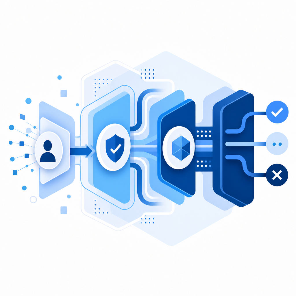 abstract layered defense pipeline showing client challenge, token validation, an