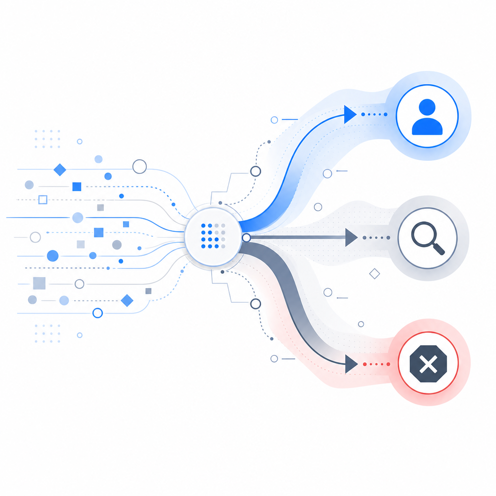 abstract flow of requests splitting into human, suspicious, and blocked paths