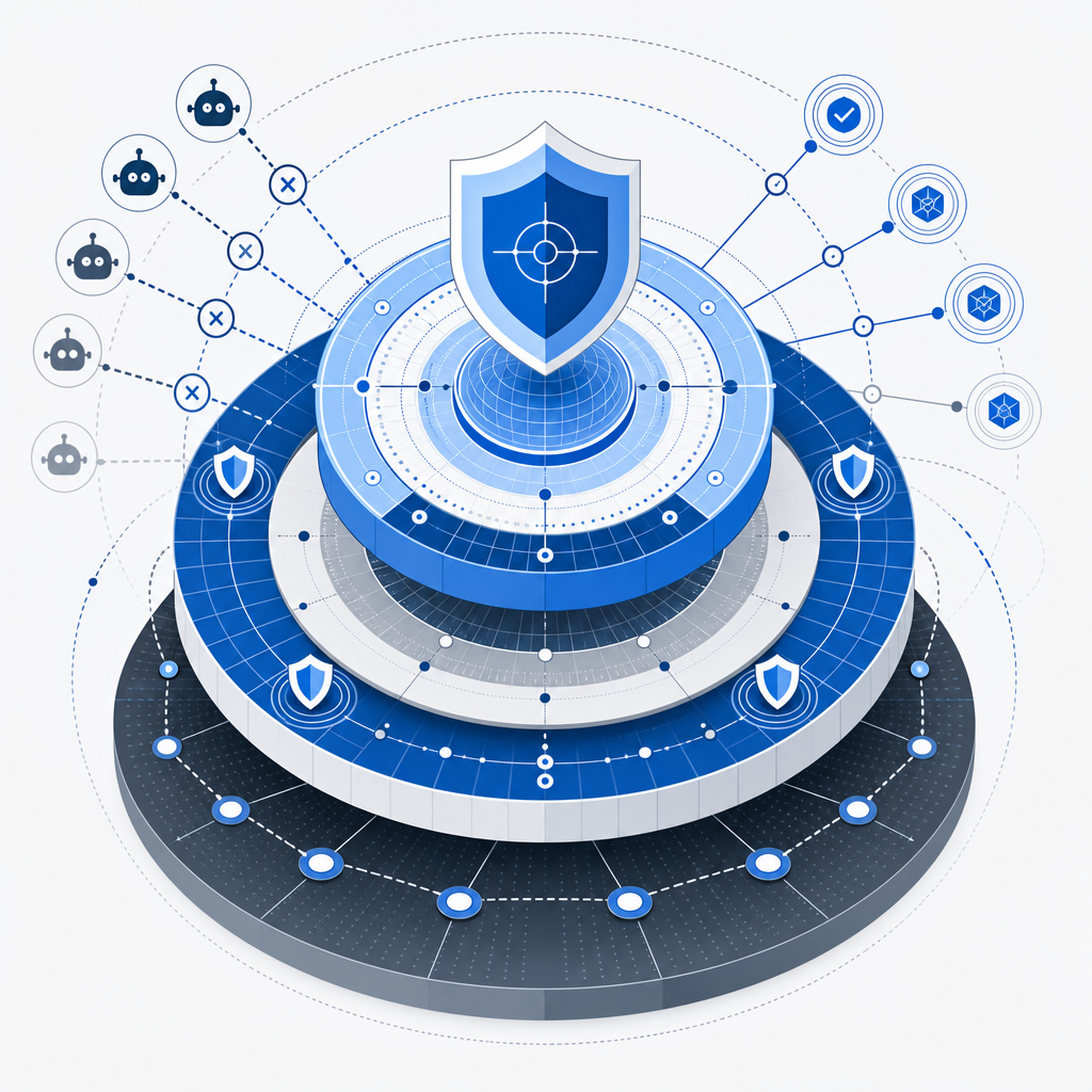 abstract diagram of layered security with bot detection and token validation