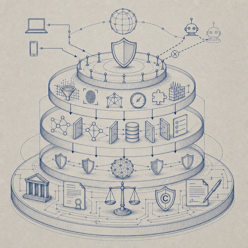 diagram illustrating technical and legal layers of anti scraping defense