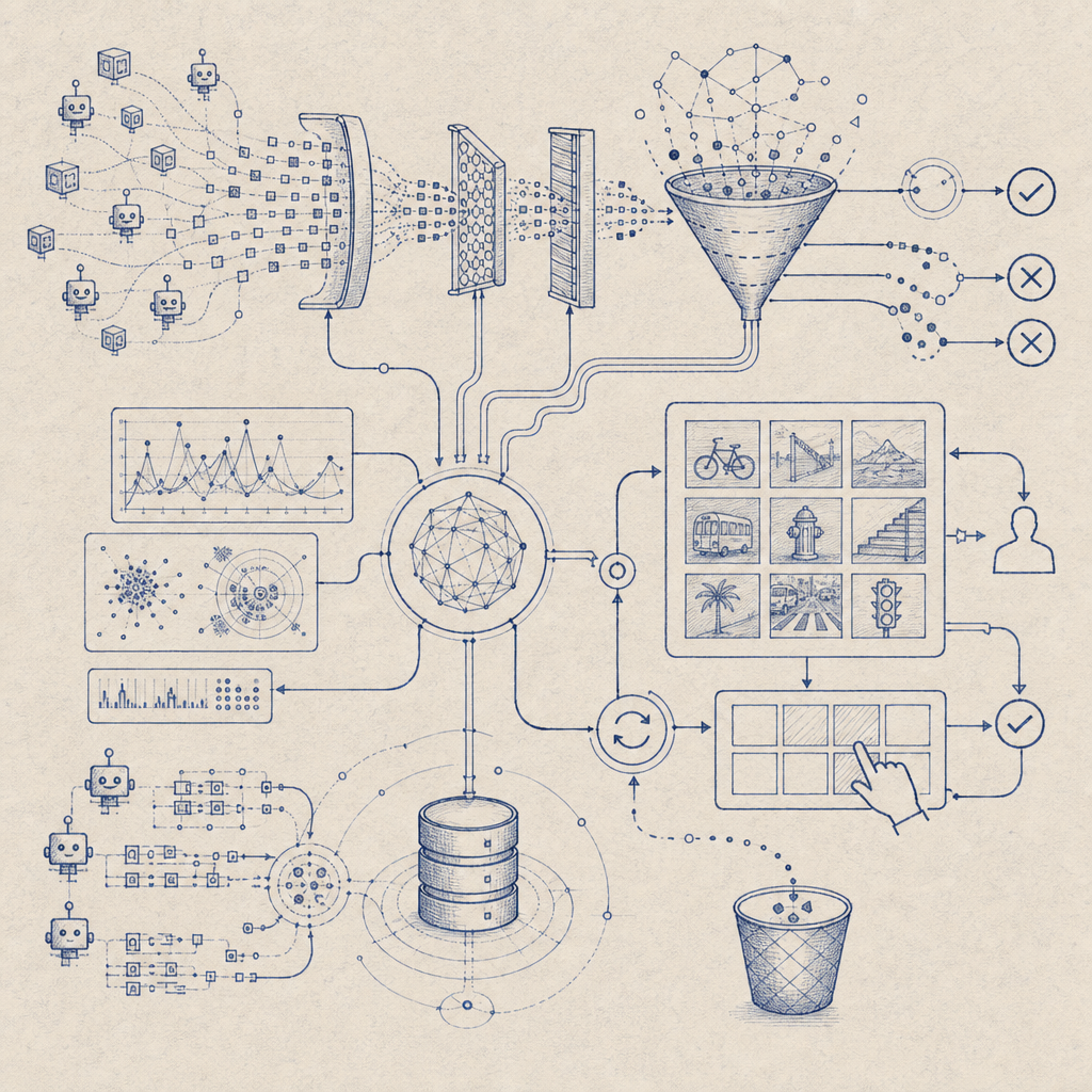 abstract visualization of bot traffic analysis and CAPTCHA challenge workflows