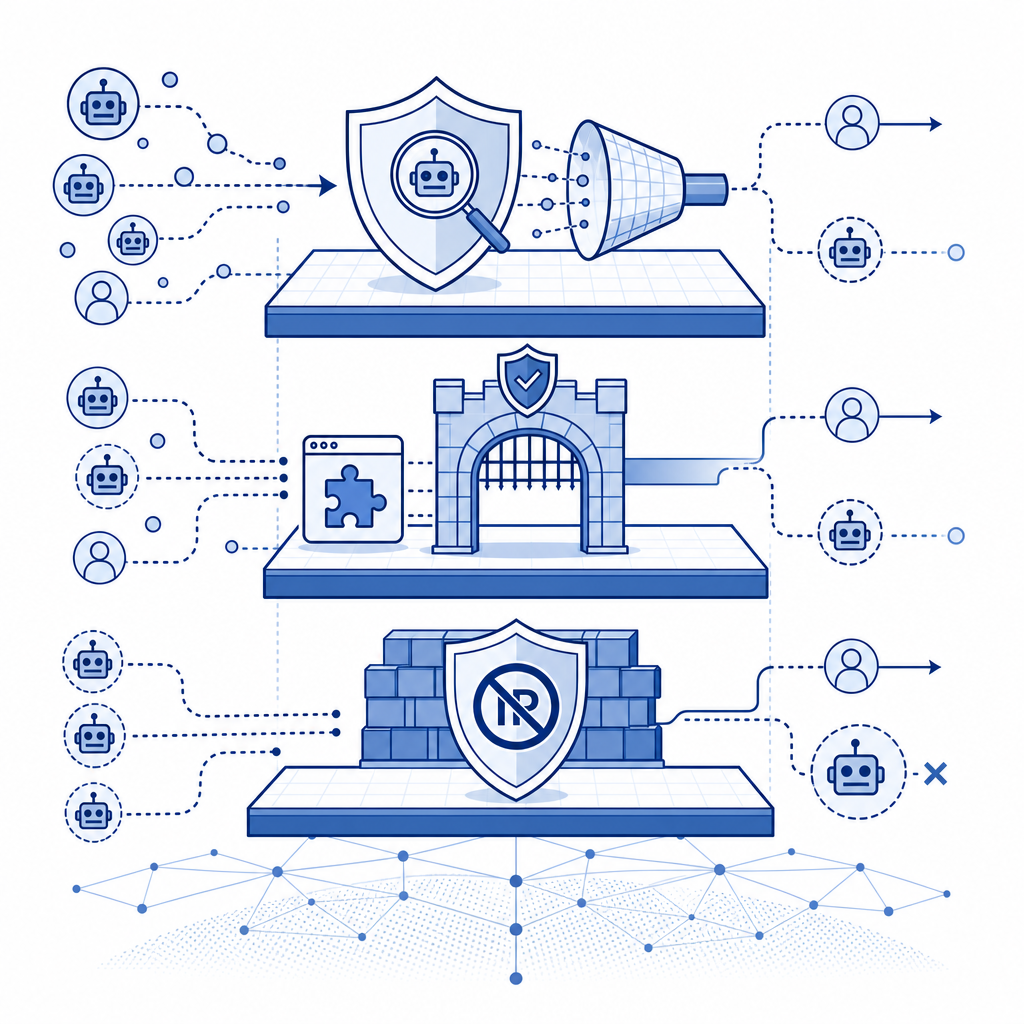 layered defense diagram showing bot detection, CAPTCHA challenge, and IP blockin