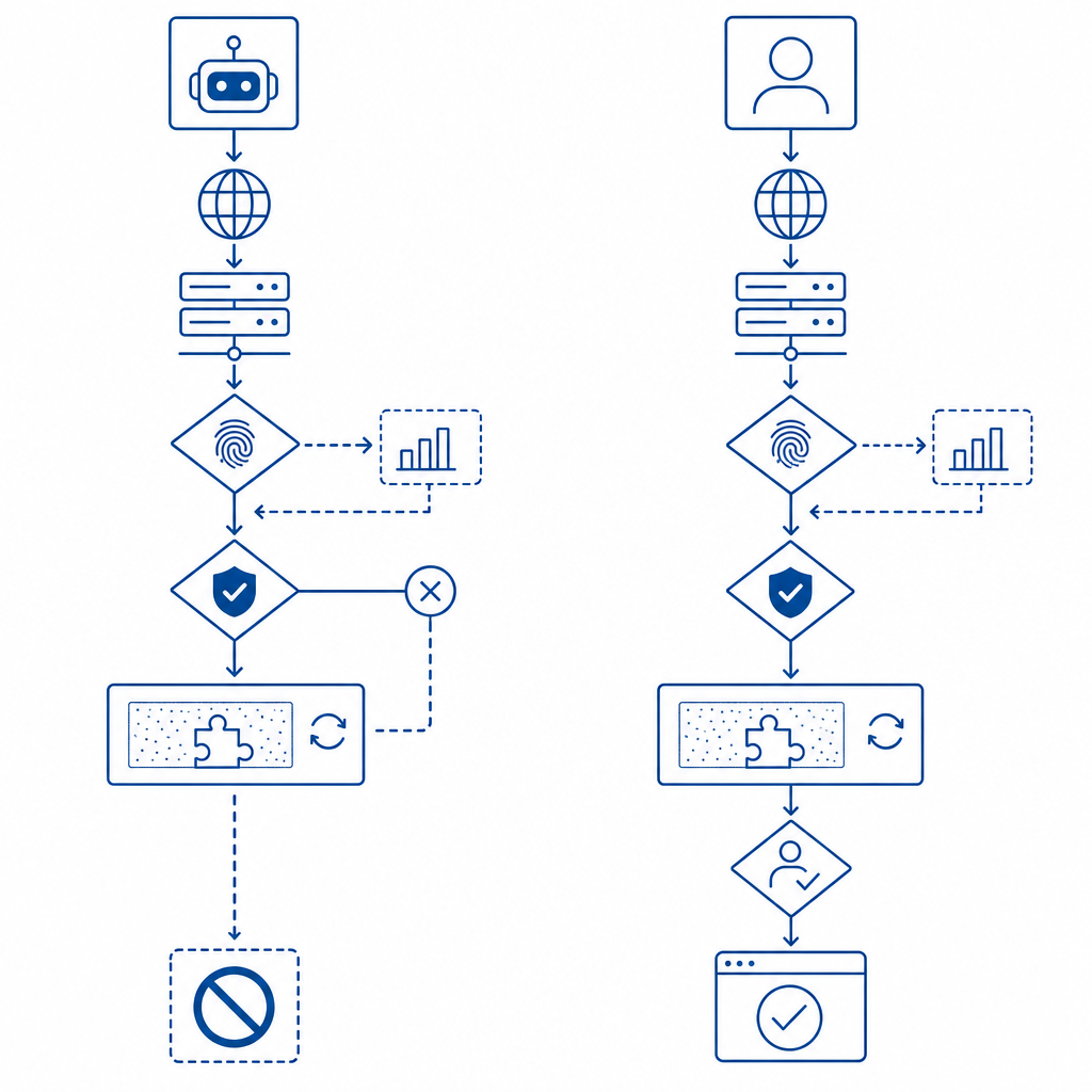 schematic of bot versus human interaction flows with CAPTCHA challenge