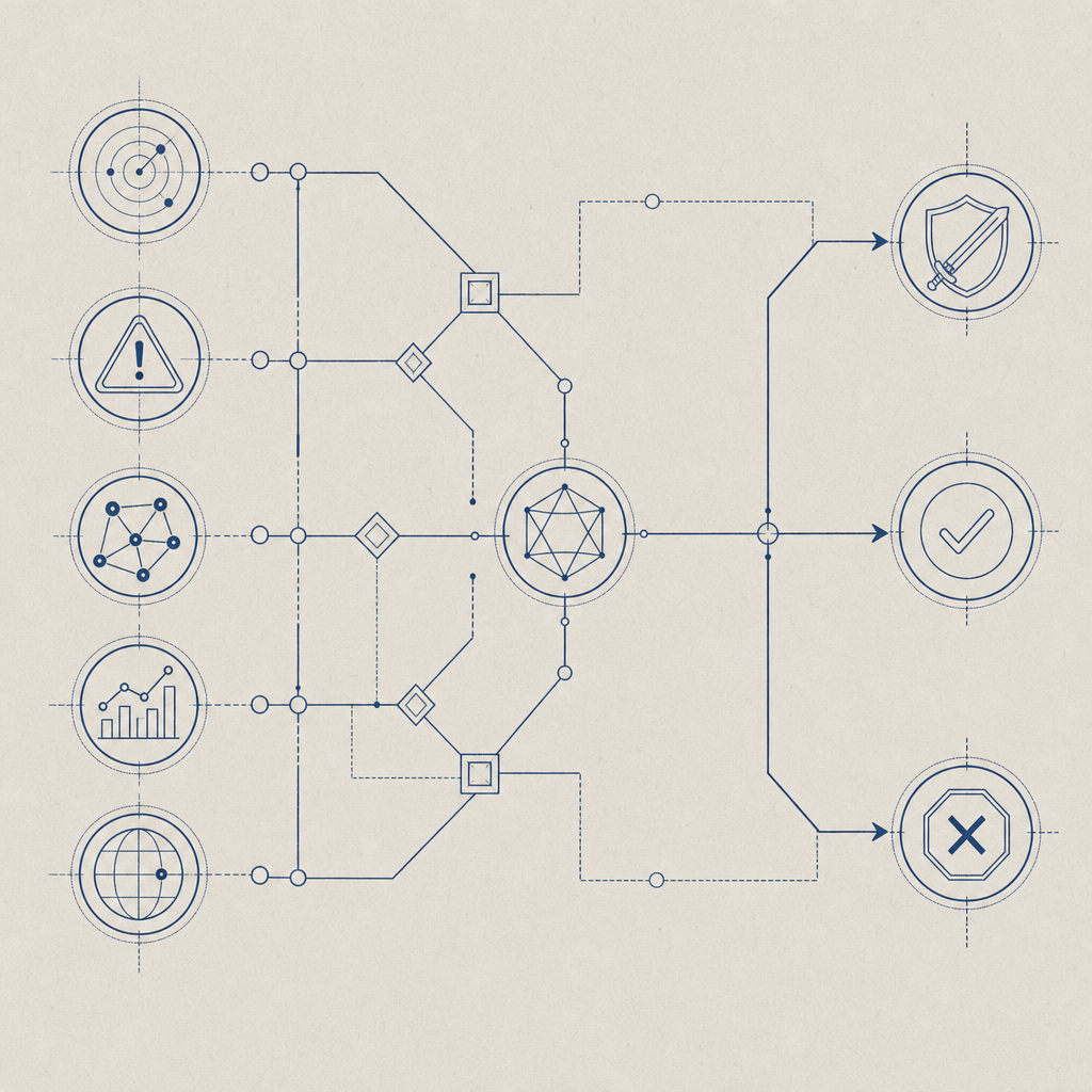 abstract decision tree linking risk signals to challenge, allow, or block outcom