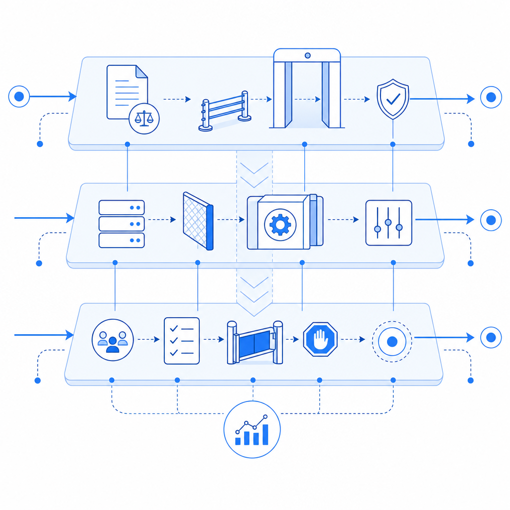 layered compliance and traffic-control diagram with legal, technical, and policy