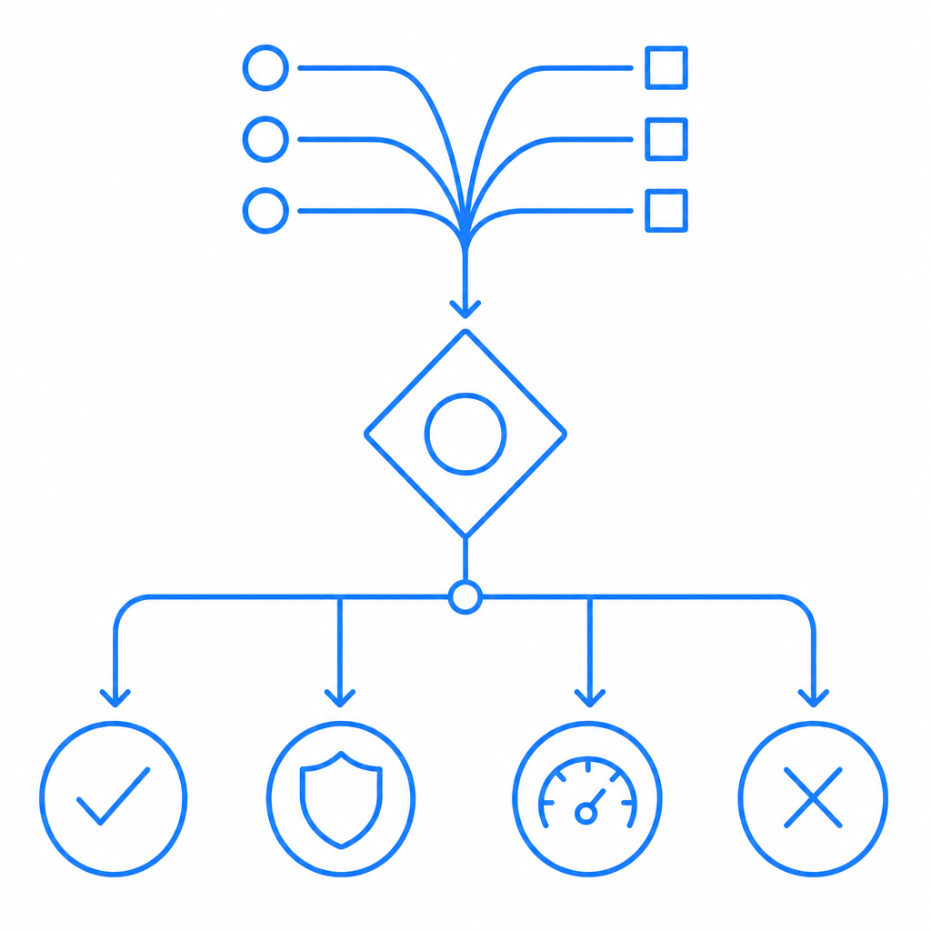 decision tree of request paths splitting into allow, challenge, rate-limit, and 
