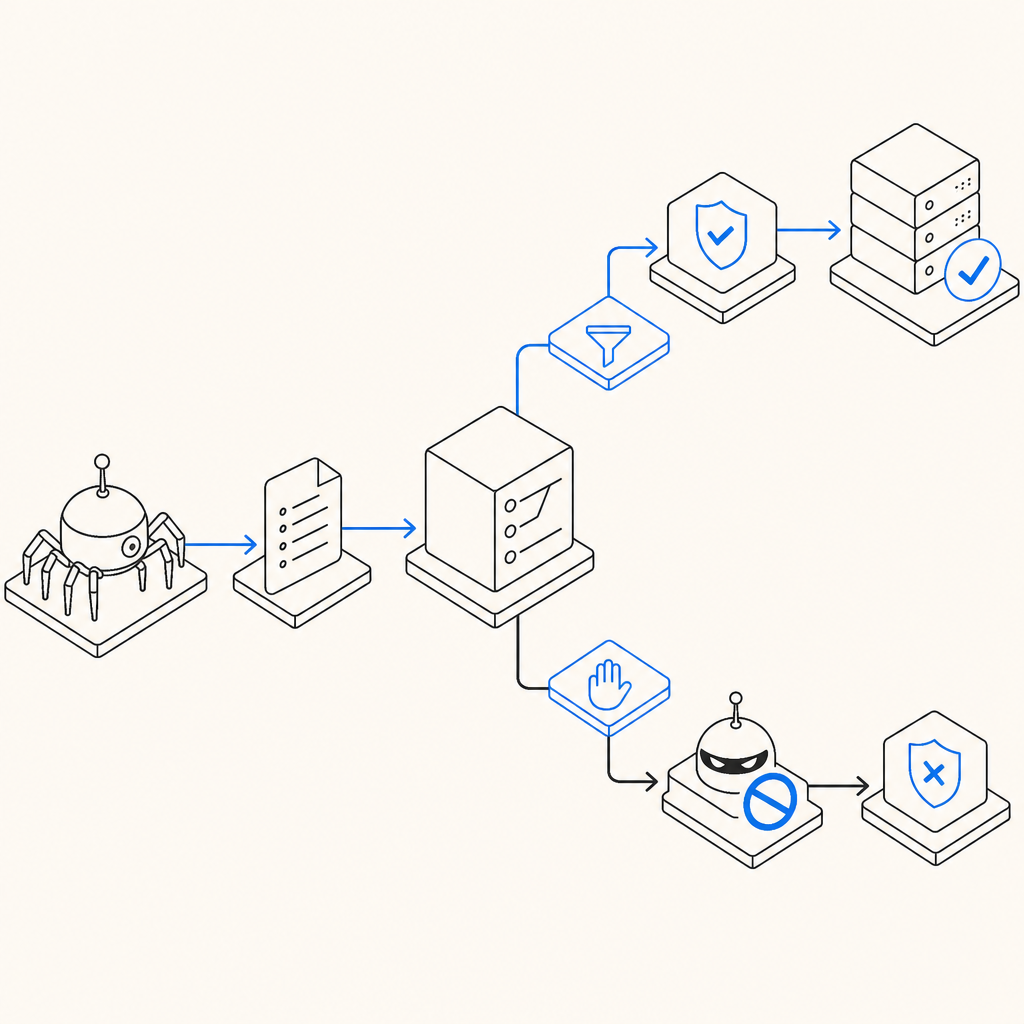 abstract flowchart showing crawler directives branching into server validation a