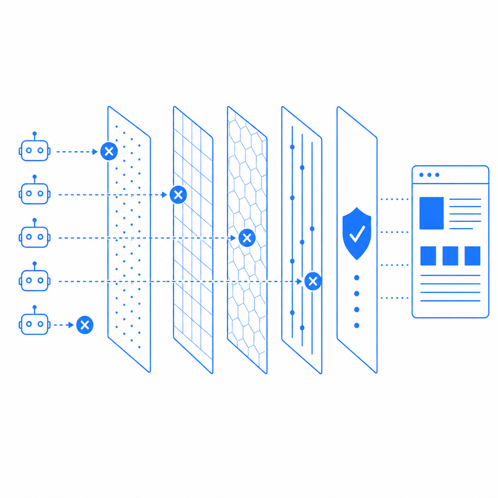 abstract diagram representing layered anti-scraping defenses with bots being blo