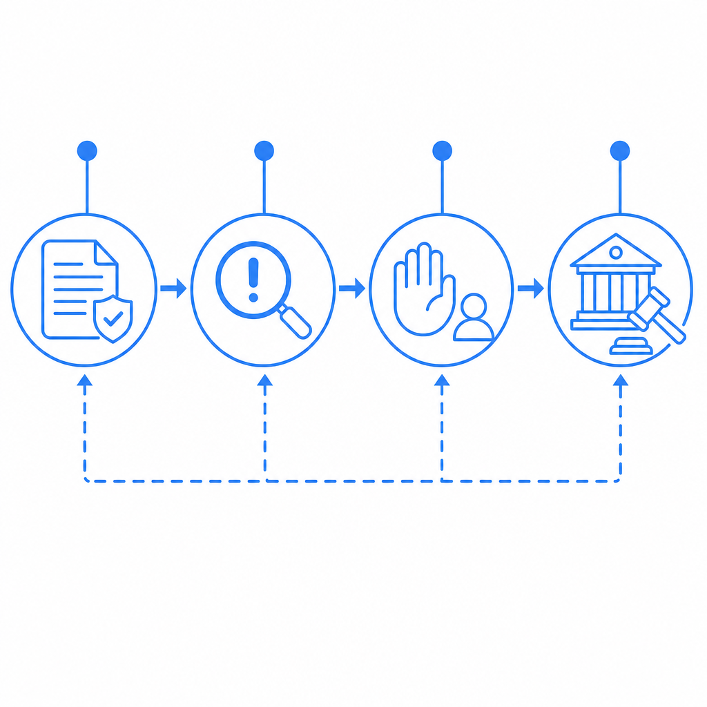 conceptual flowchart showing policy creation, detection, challenge, and legal en