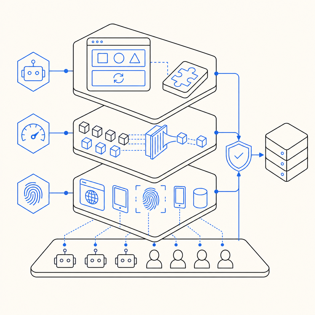 layered security model showing CAPTCHA, rate limiting, and fingerprinting