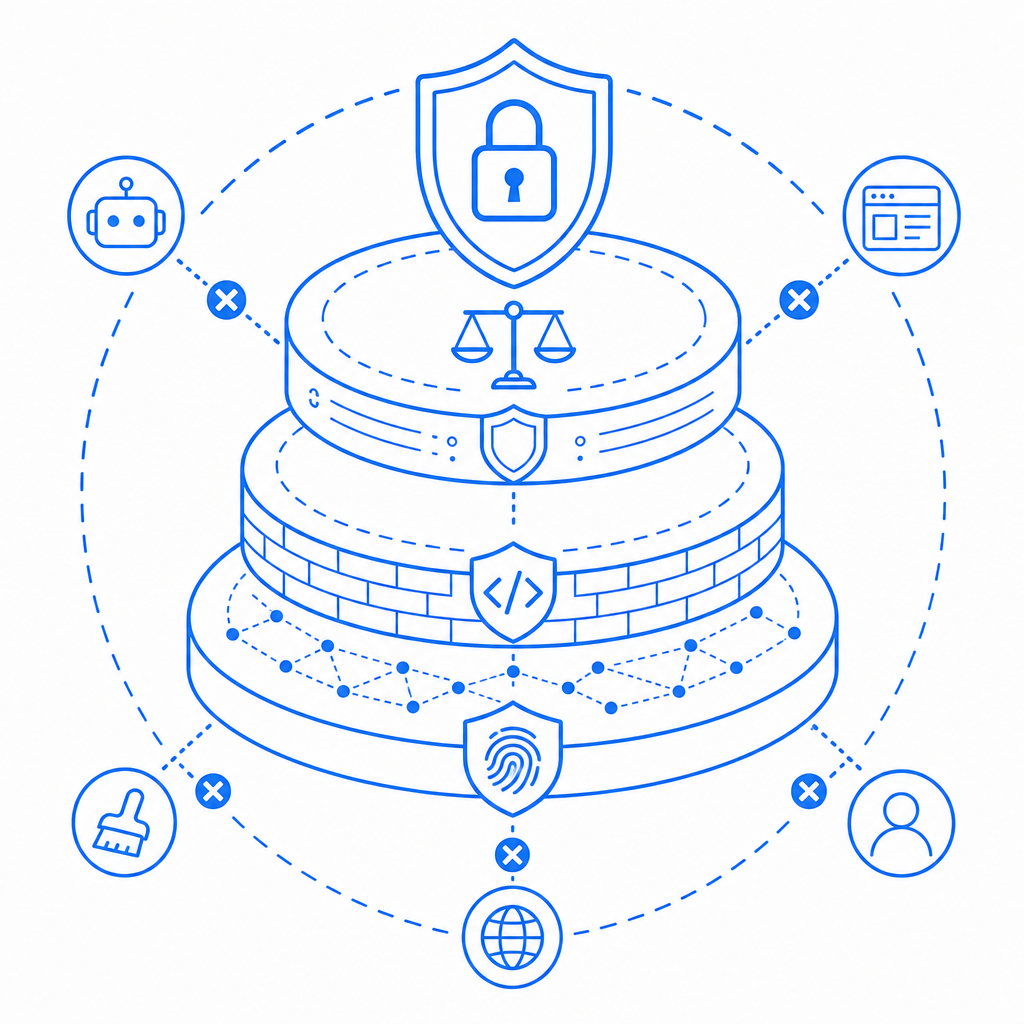 diagram illustrating multiple layers of anti scraping protection such as legal, 