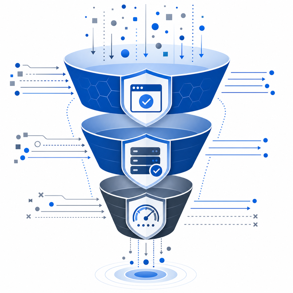 layered defense funnel with client checks, server validation, and rate limits as