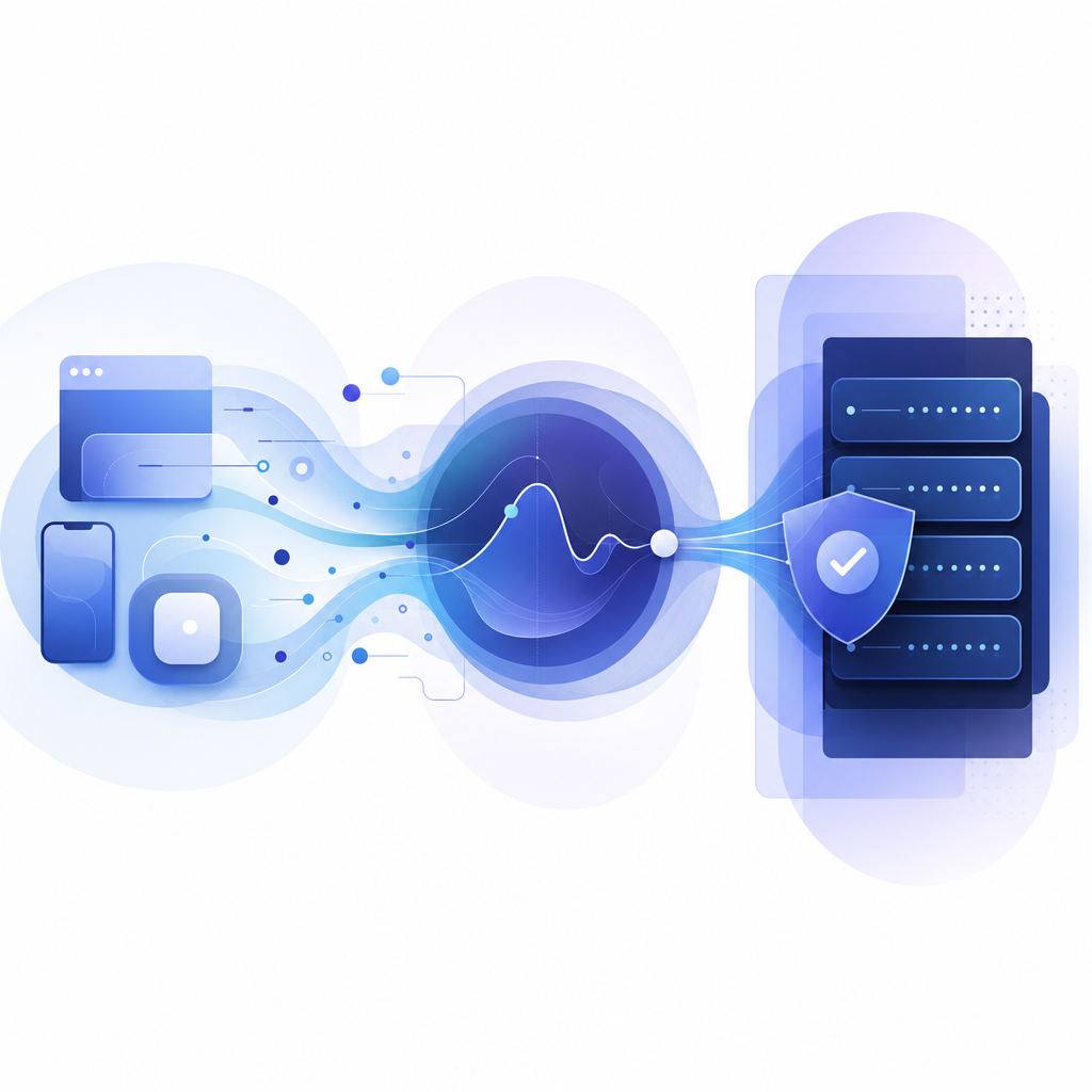 abstract flow diagram showing client signals, risk scoring, and server validatio