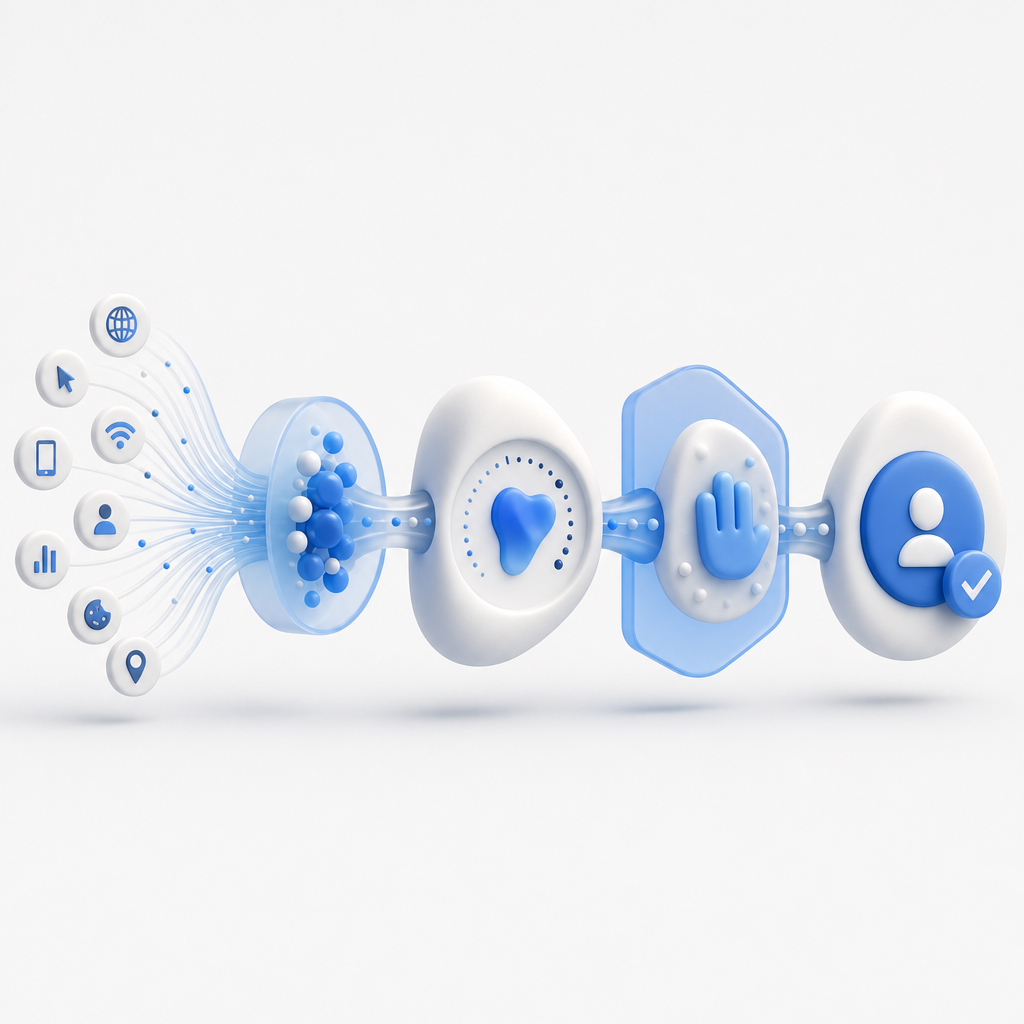layered bot-defense pipeline showing signals, scoring, challenge, and verify
