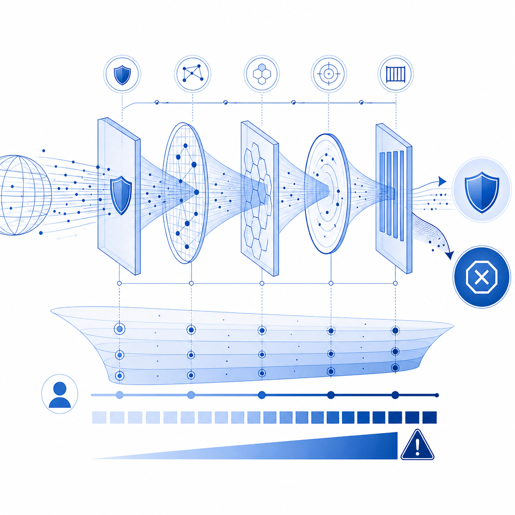 abstract layered defense funnel showing traffic, risk scoring, and challenge gat