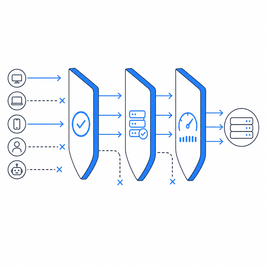 layered defense diagram showing client checks, server validation, and rate limit