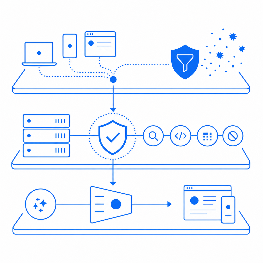 layered defense diagram showing client signals, server validation, and response 