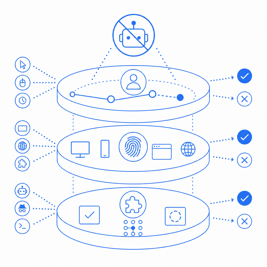 abstract diagram of multi-layered bot detection including behavior, fingerprint,