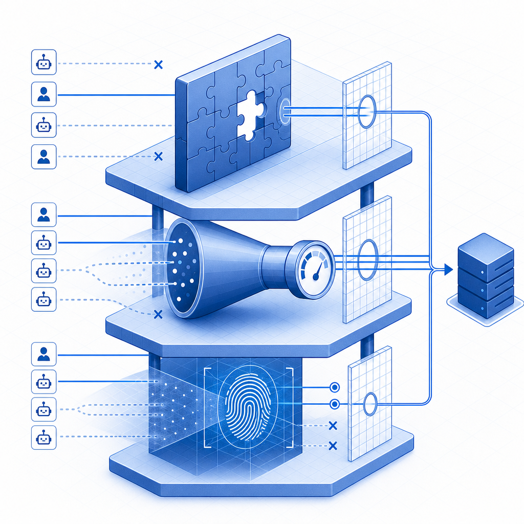 layered defense concept with CAPTCHA, rate limiting, and fingerprinting