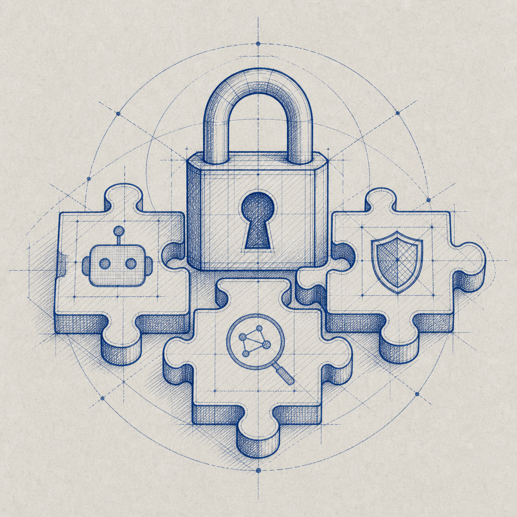 abstract diagram showing lock and puzzle pieces representing bot defense in word