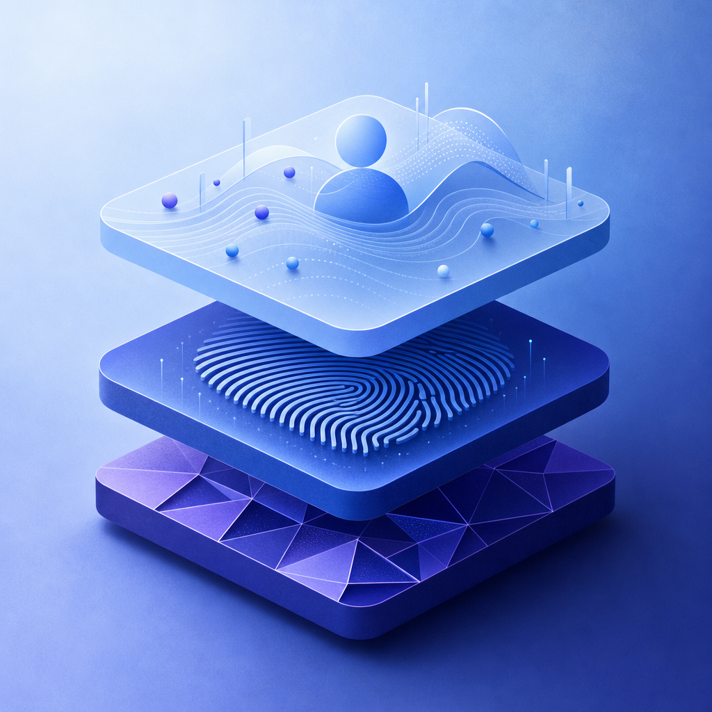 layered security model illustrating behavioral, fingerprint, and challenge compo