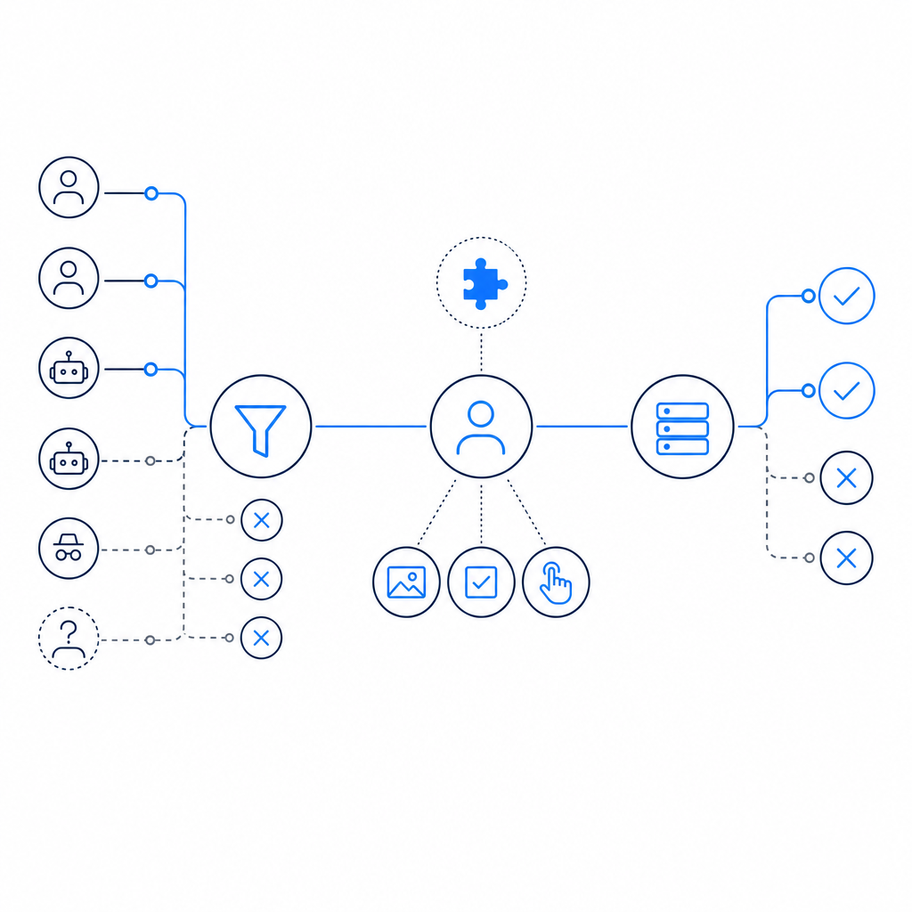 abstract decision tree comparing edge filtering, user challenge, and backend val