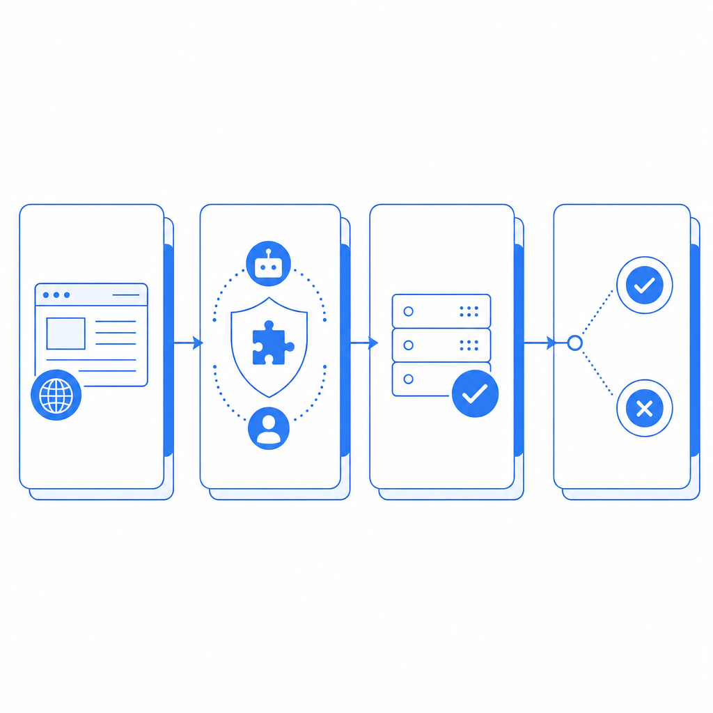 layered request flow showing client, challenge, server validation, and allow/den