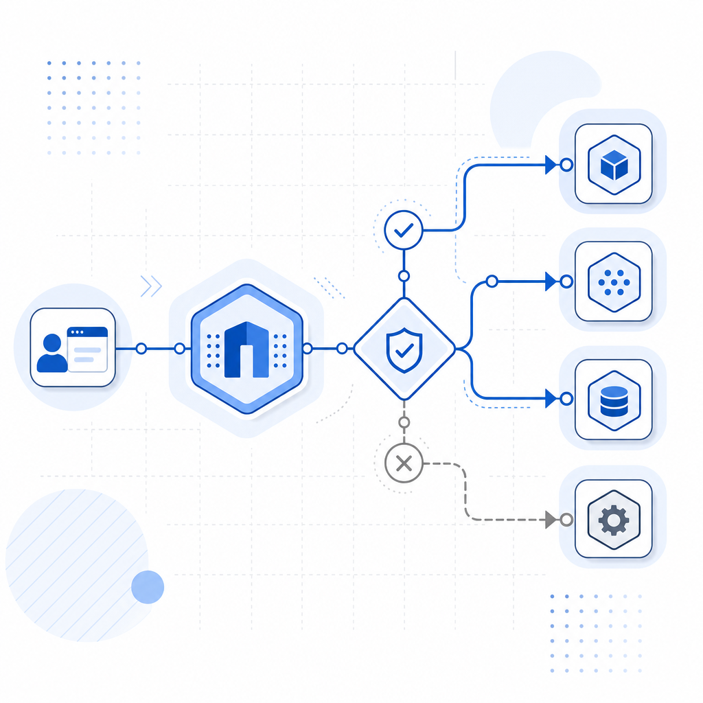 abstract request-flow diagram showing client, gateway, validation decision, and 