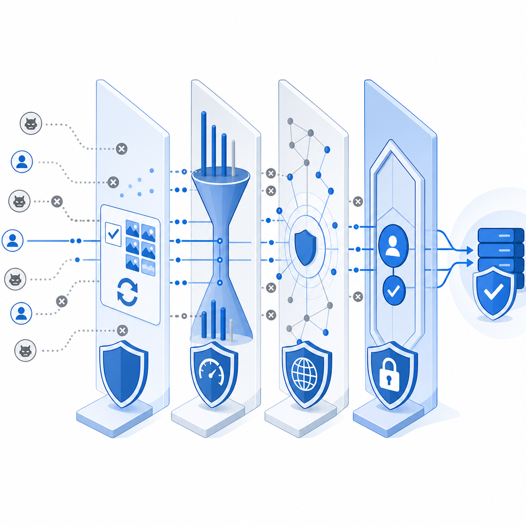 abstract layered-defense diagram with captcha, rate limit, IP reputation, and au