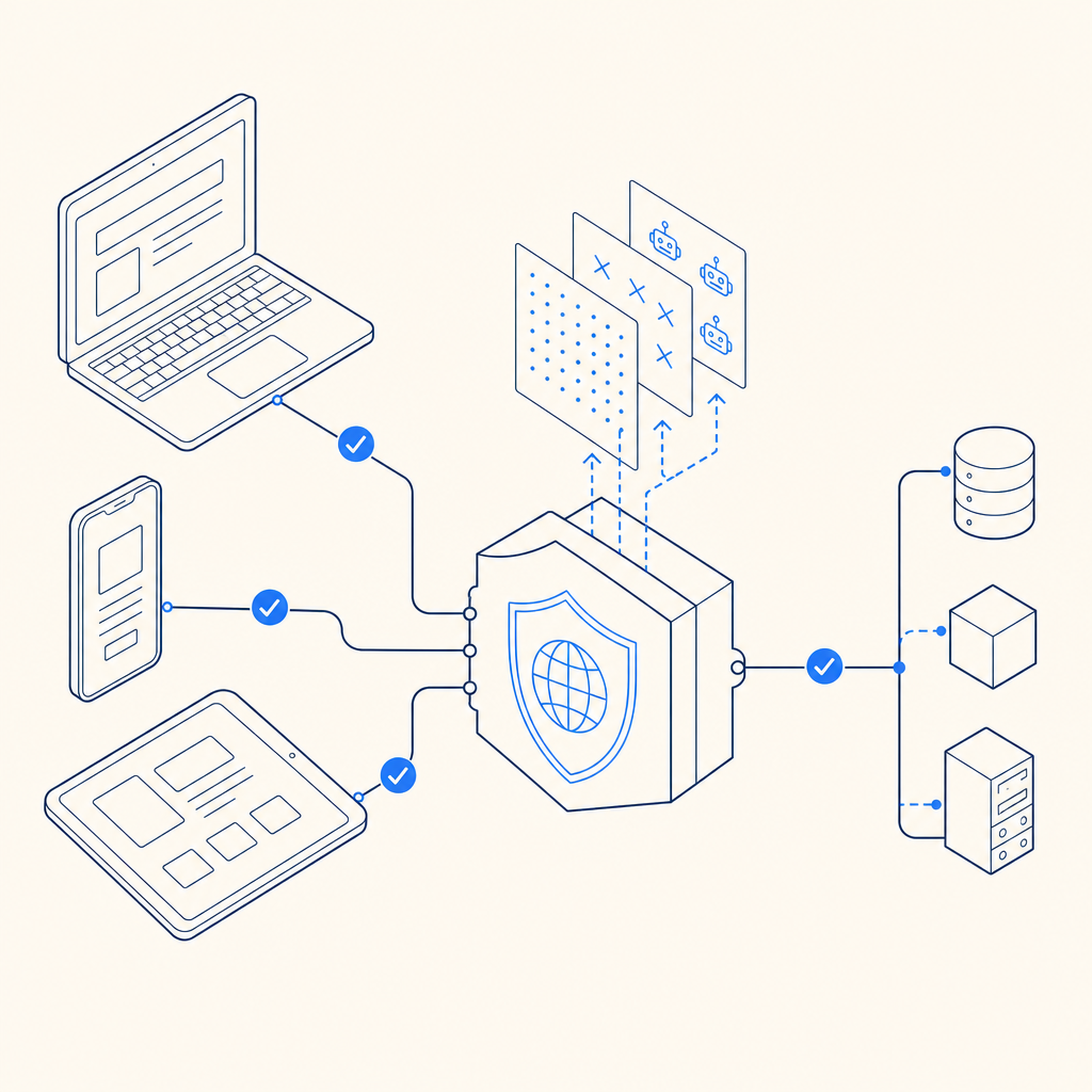 conceptual illustration of secure API-based bot protection with multiple devices