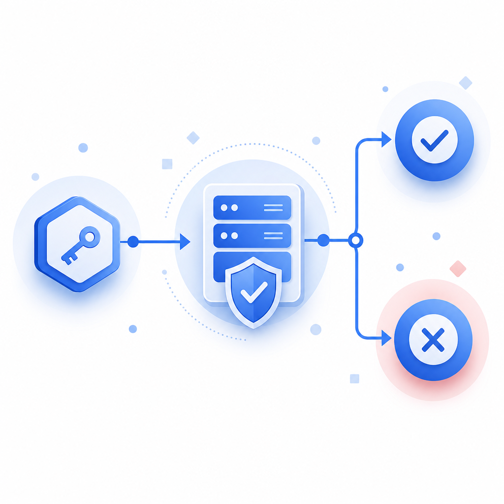 abstract flow diagram of client token, server validation, and allow/deny decisio