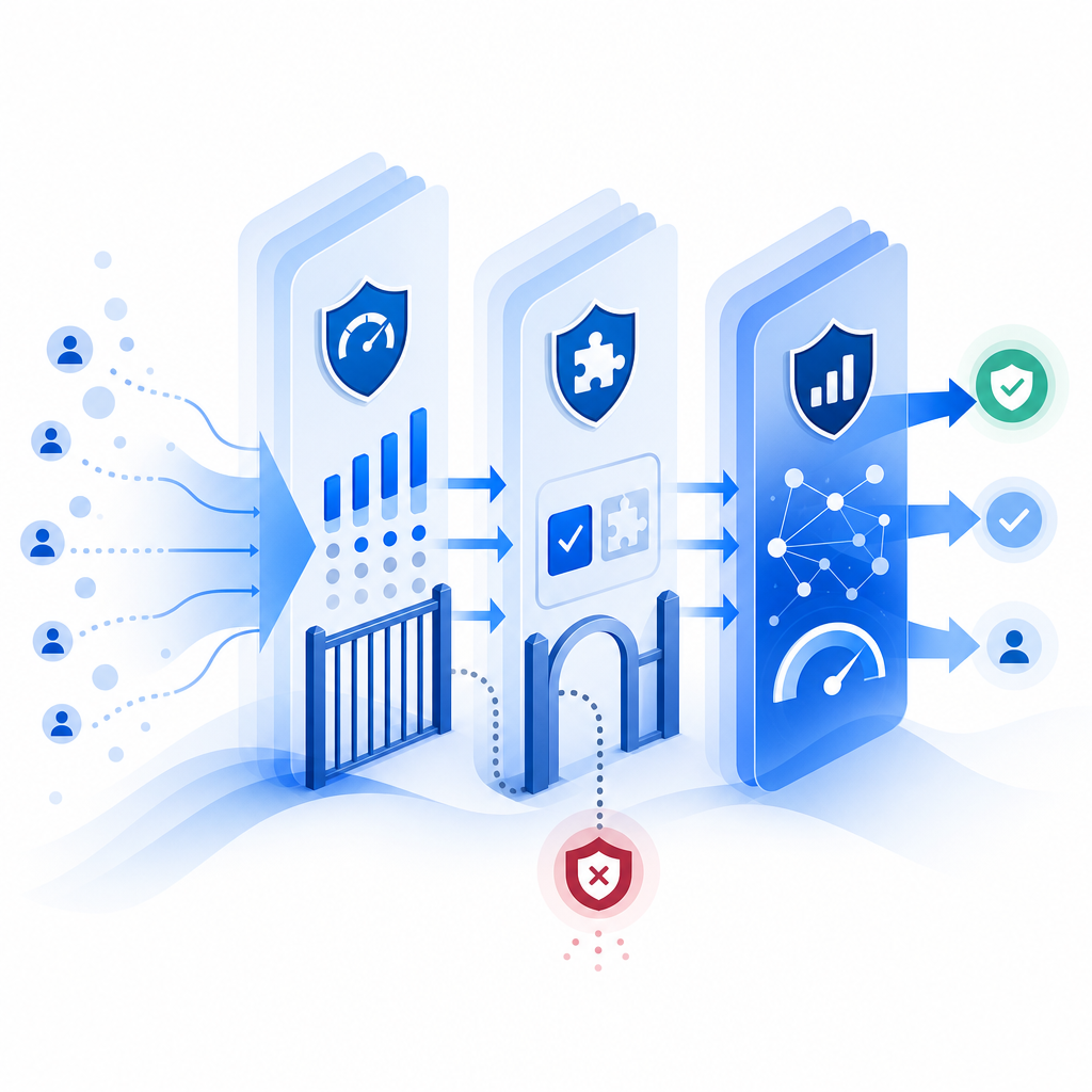 layered security pipeline showing rate limits, CAPTCHA validation, and risk scor