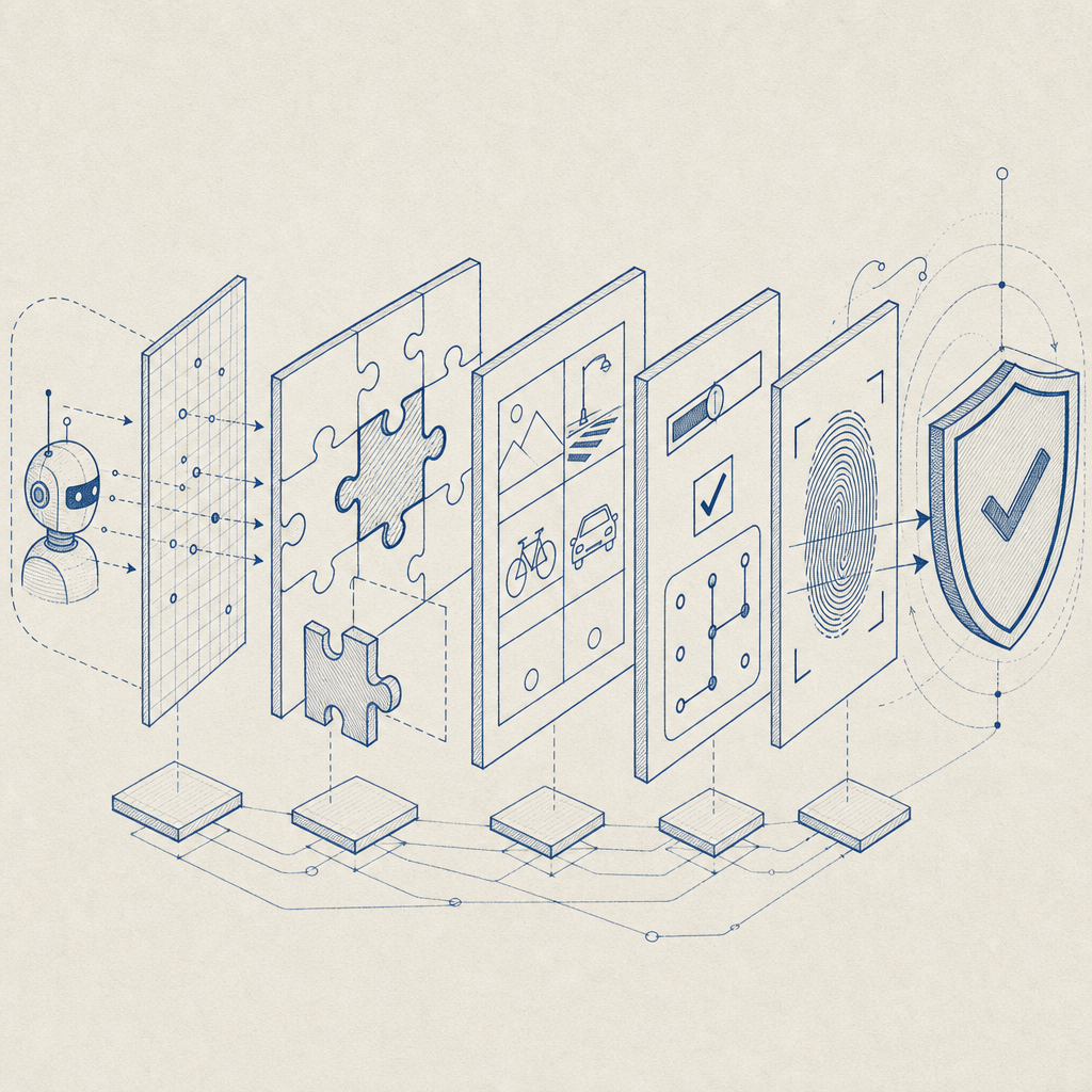 layered bot defense conceptual diagram combining puzzle captcha and traditional 