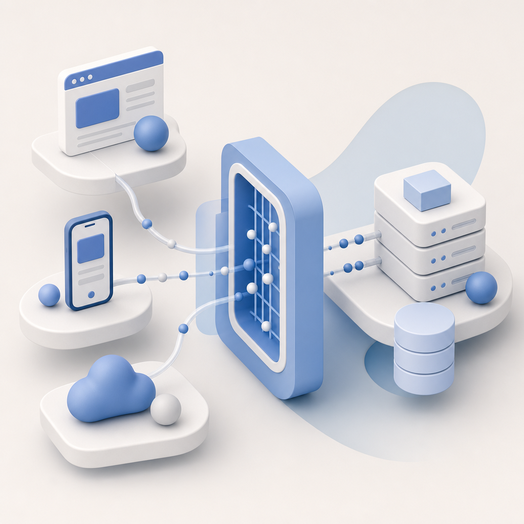 abstract architecture map showing web, mobile, and backend connected through a v