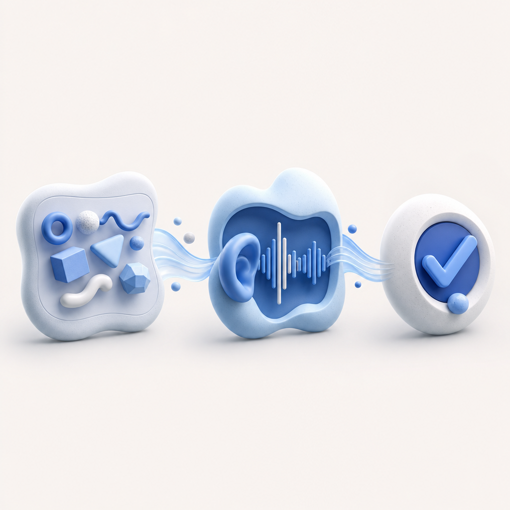 abstract flow showing visual captcha to audio fallback to verification decision