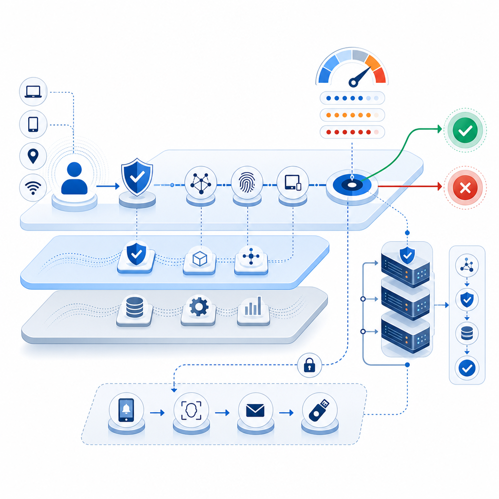 layered defense diagram with risk scoring, fallback challenge, and validation se