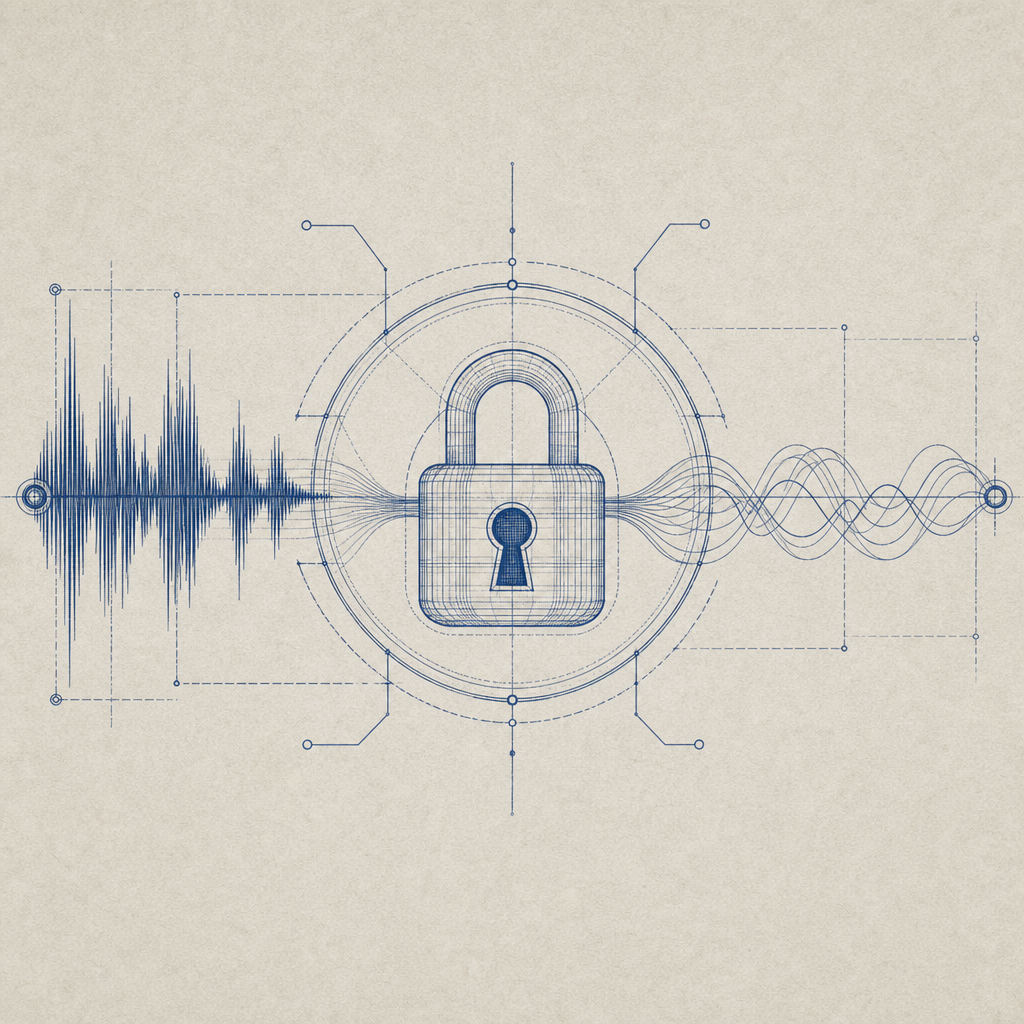 abstract diagram showing audio waves and secure lock icon