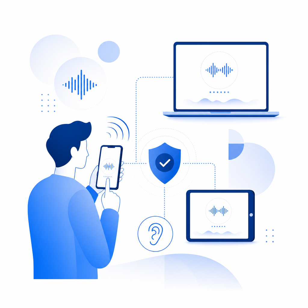 abstract diagram showing user interacting with audio captcha on multiple devices
