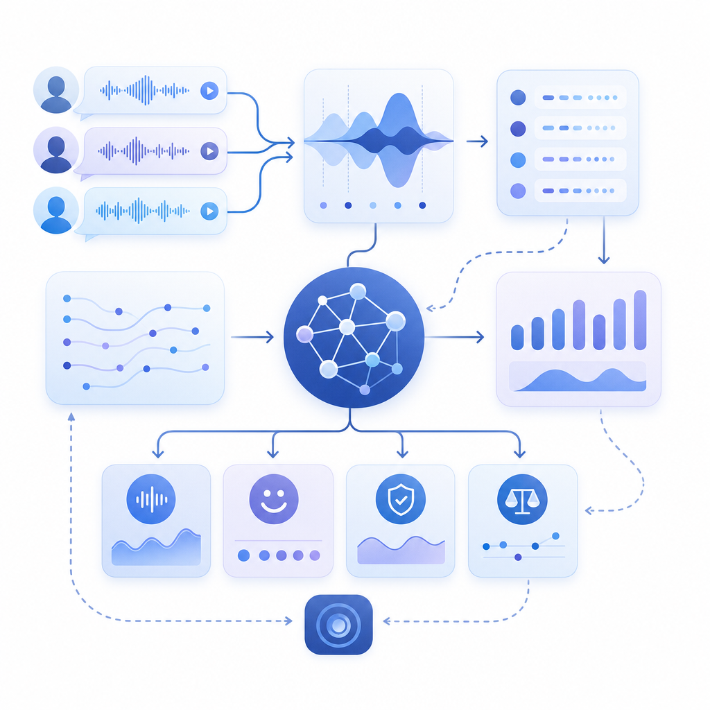 abstract flow of speech clips, labels, and evaluation metrics connected by arrow