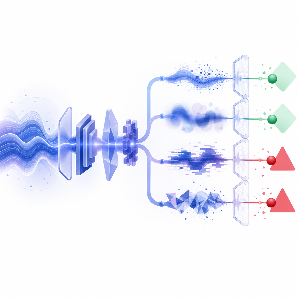 layered pipeline showing clean audio, noisy augmentations, and evaluation gates 