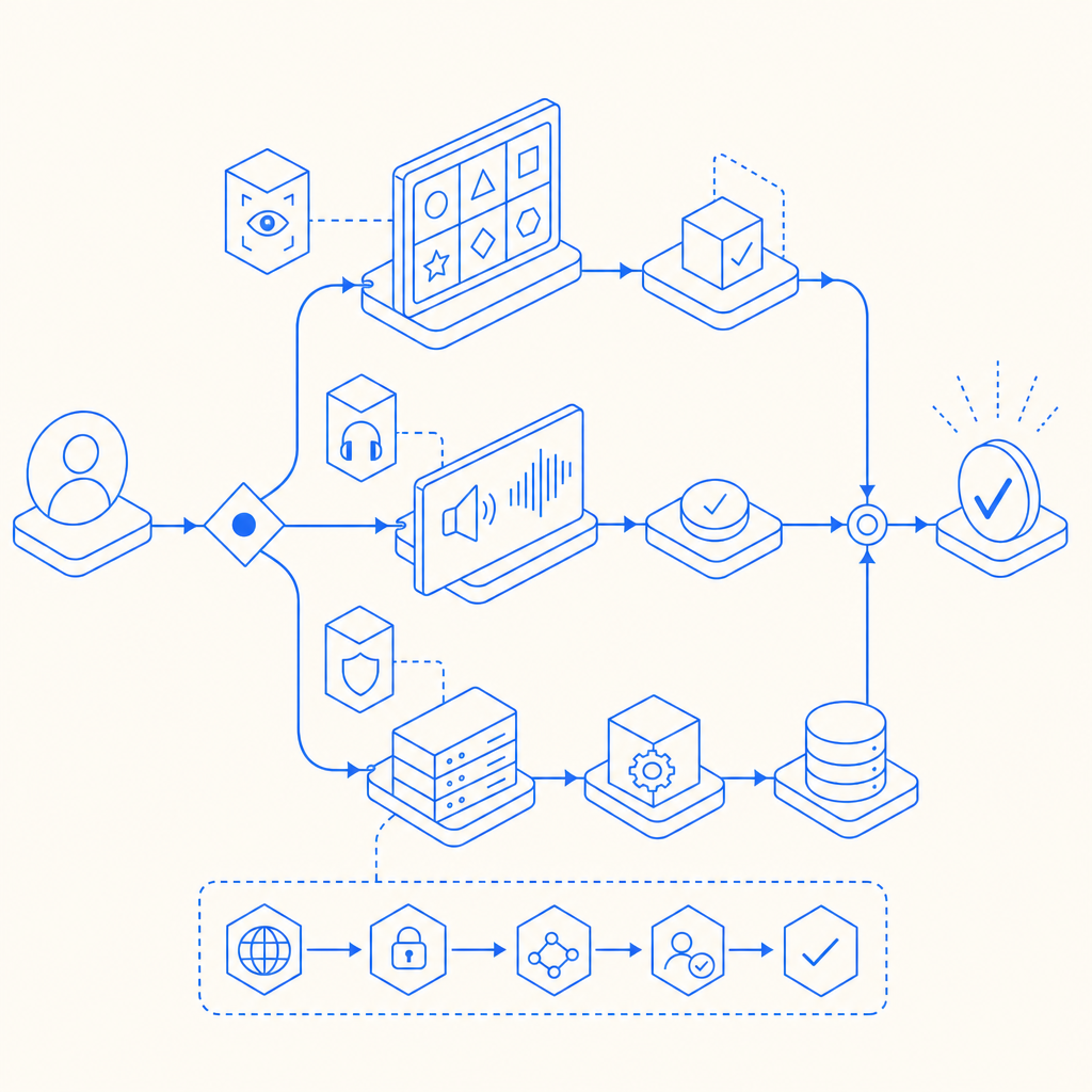 abstract flow diagram showing visual challenge, audio fallback, and server verif