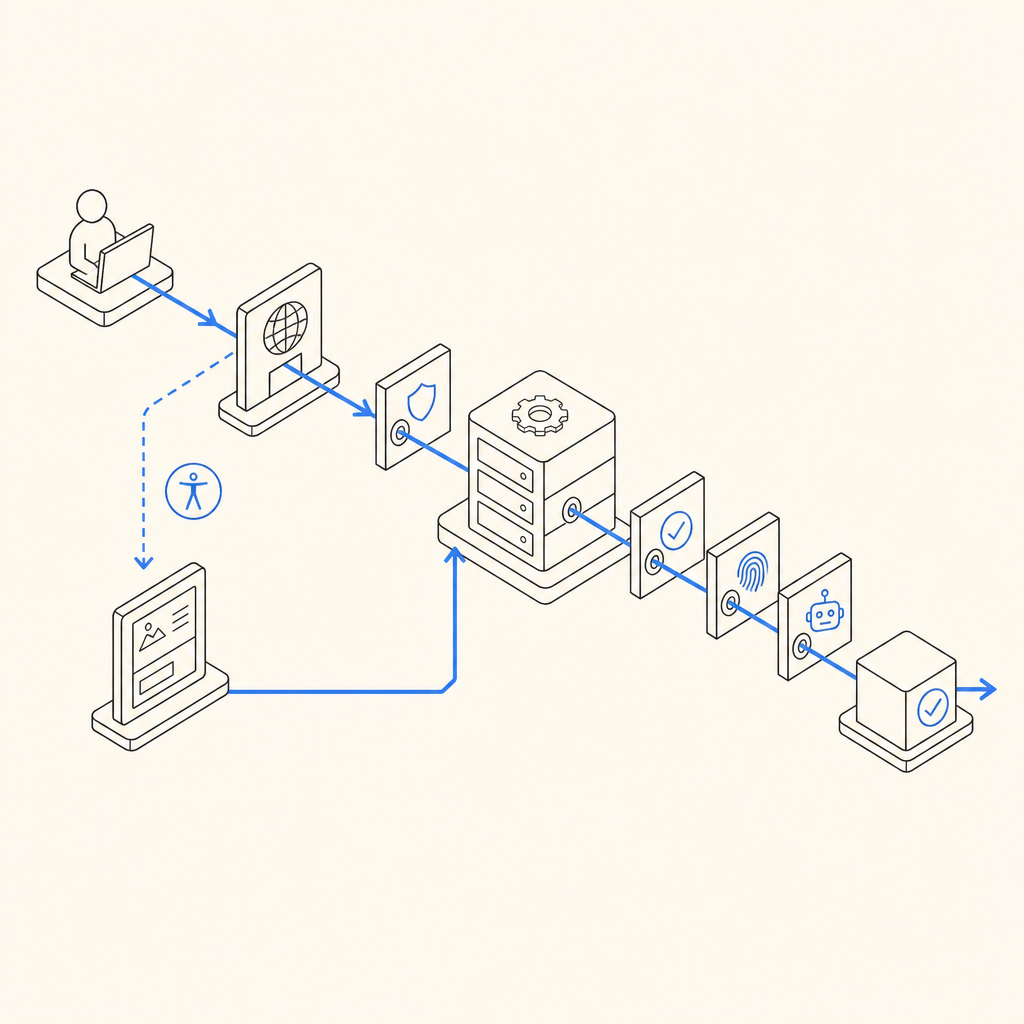 abstract flow showing accessibility fallback, server validation, and bot-defense