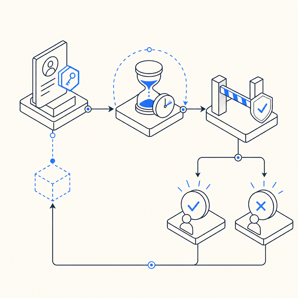 diagram of token-bound challenge lifecycle with short expiry and validation chec